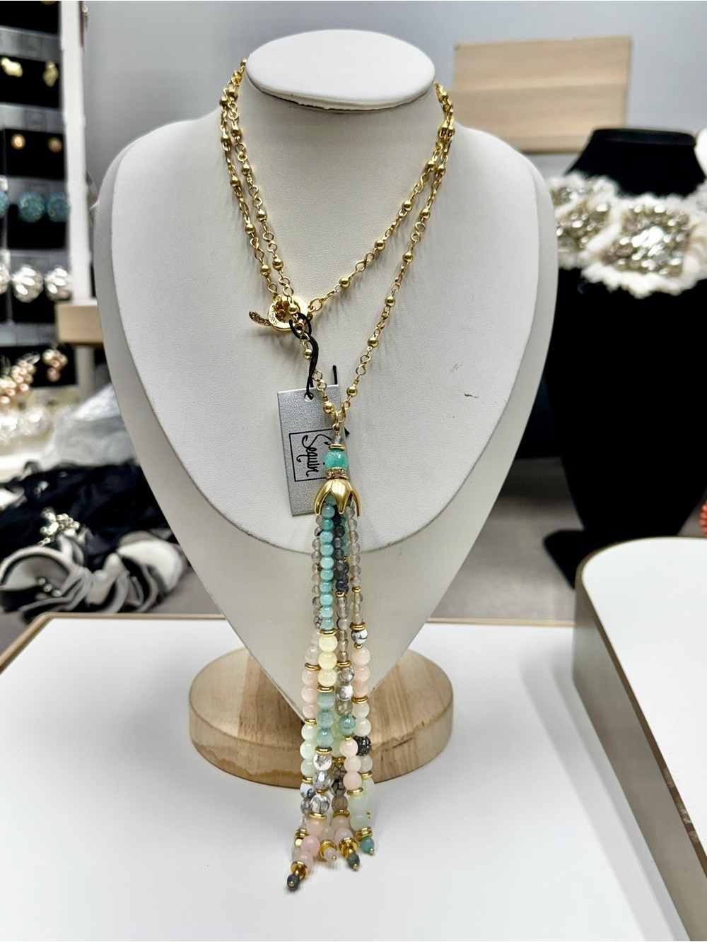 Gold Chain Necklace with Multicolor Beaded Tassel - Designer Style